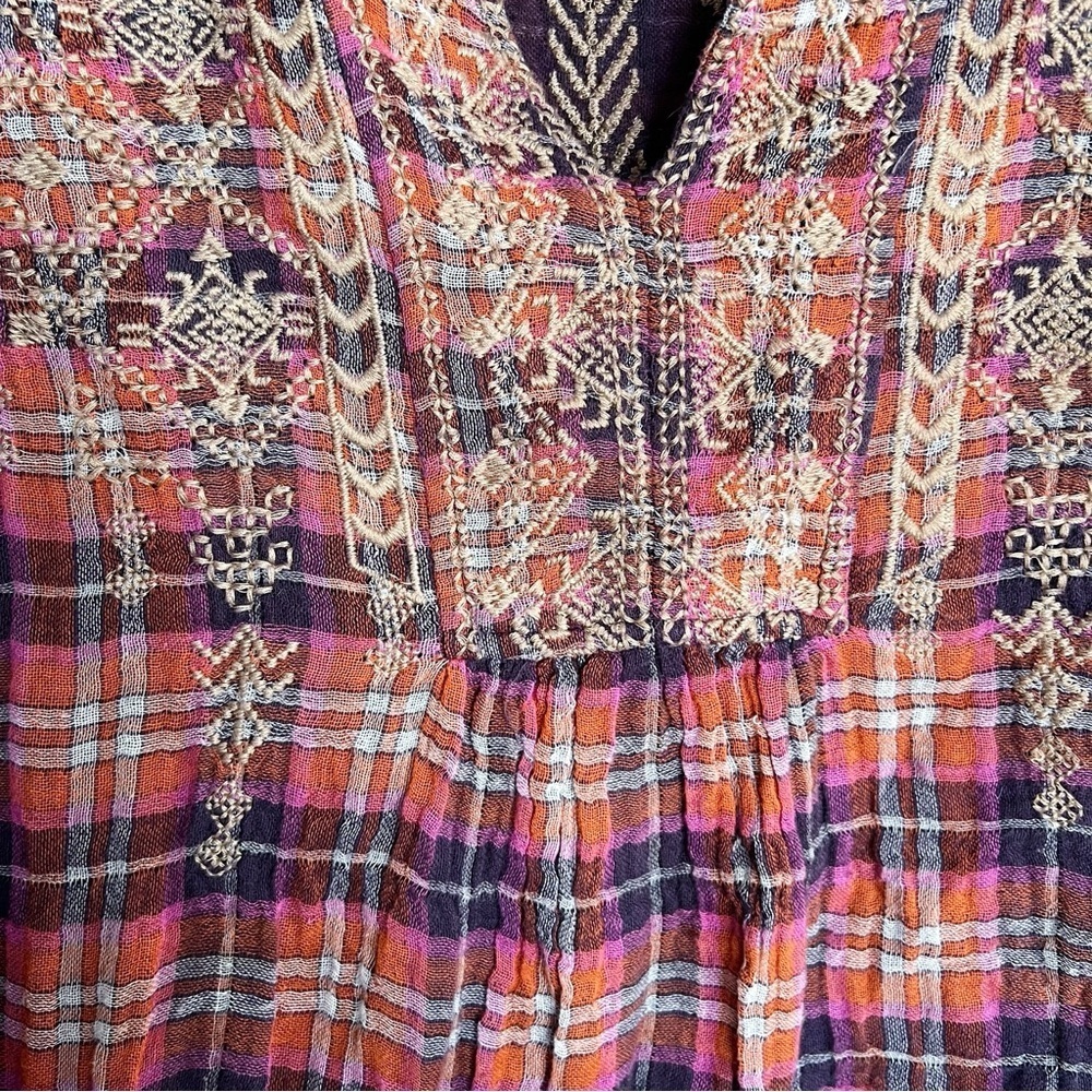 Johnny Was Red Plaid Embroidered Peasant Blouse - Picture 6 of 13